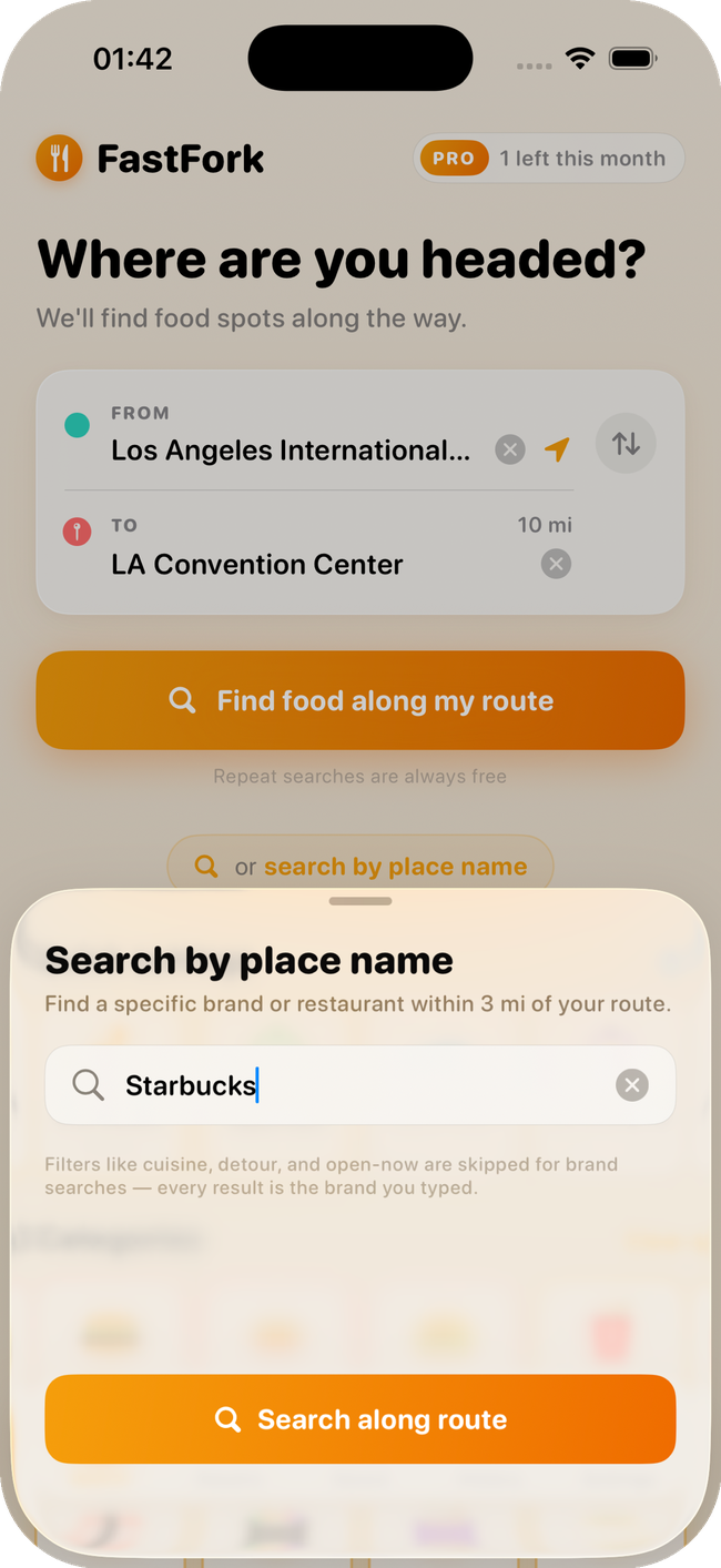 FastFork brand search modal with Starbucks query