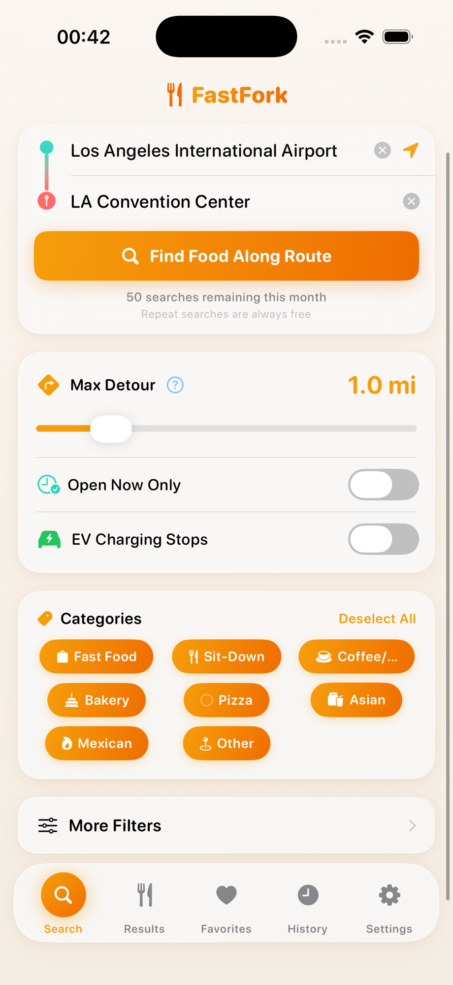 FastFork search screen